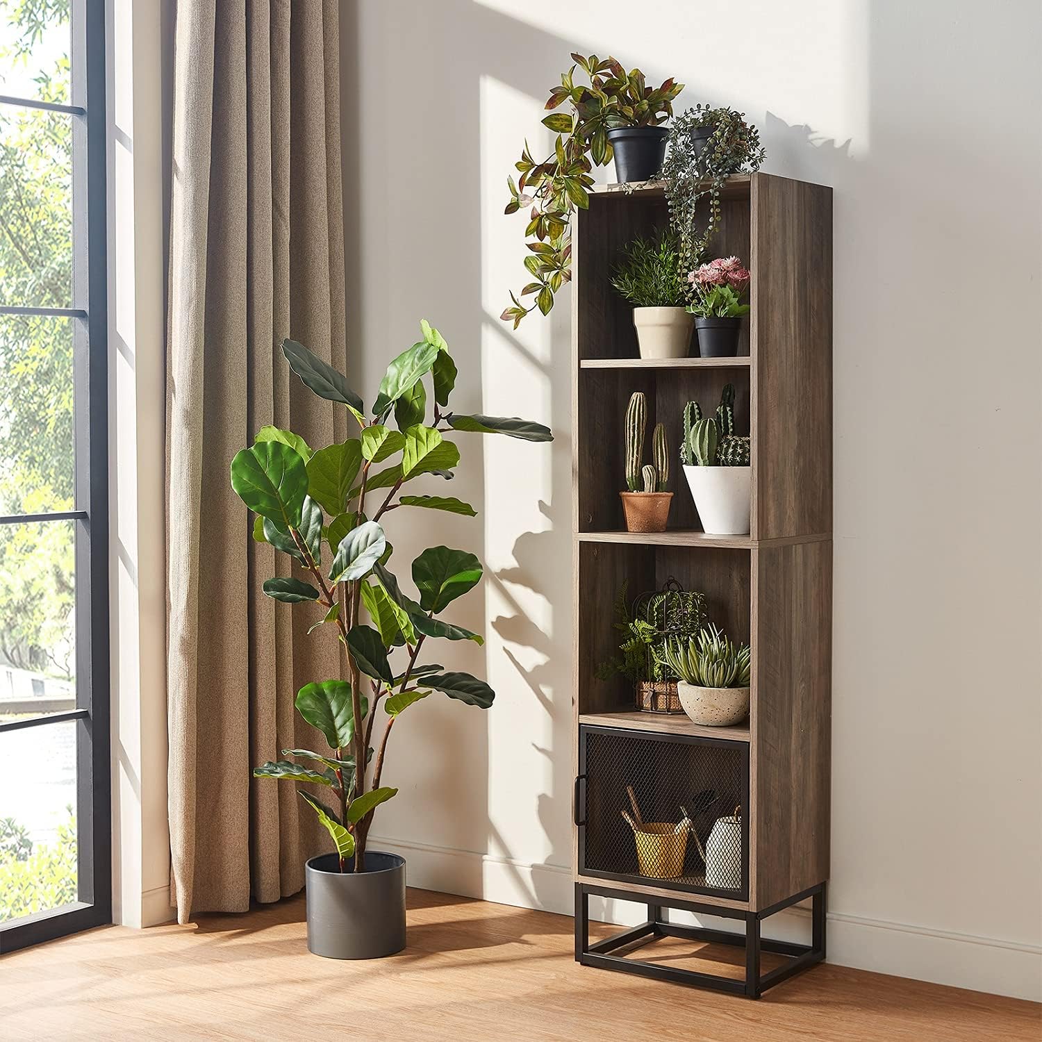 Grey 4-Tier Wood Bookcase with 4 Display Cases B626