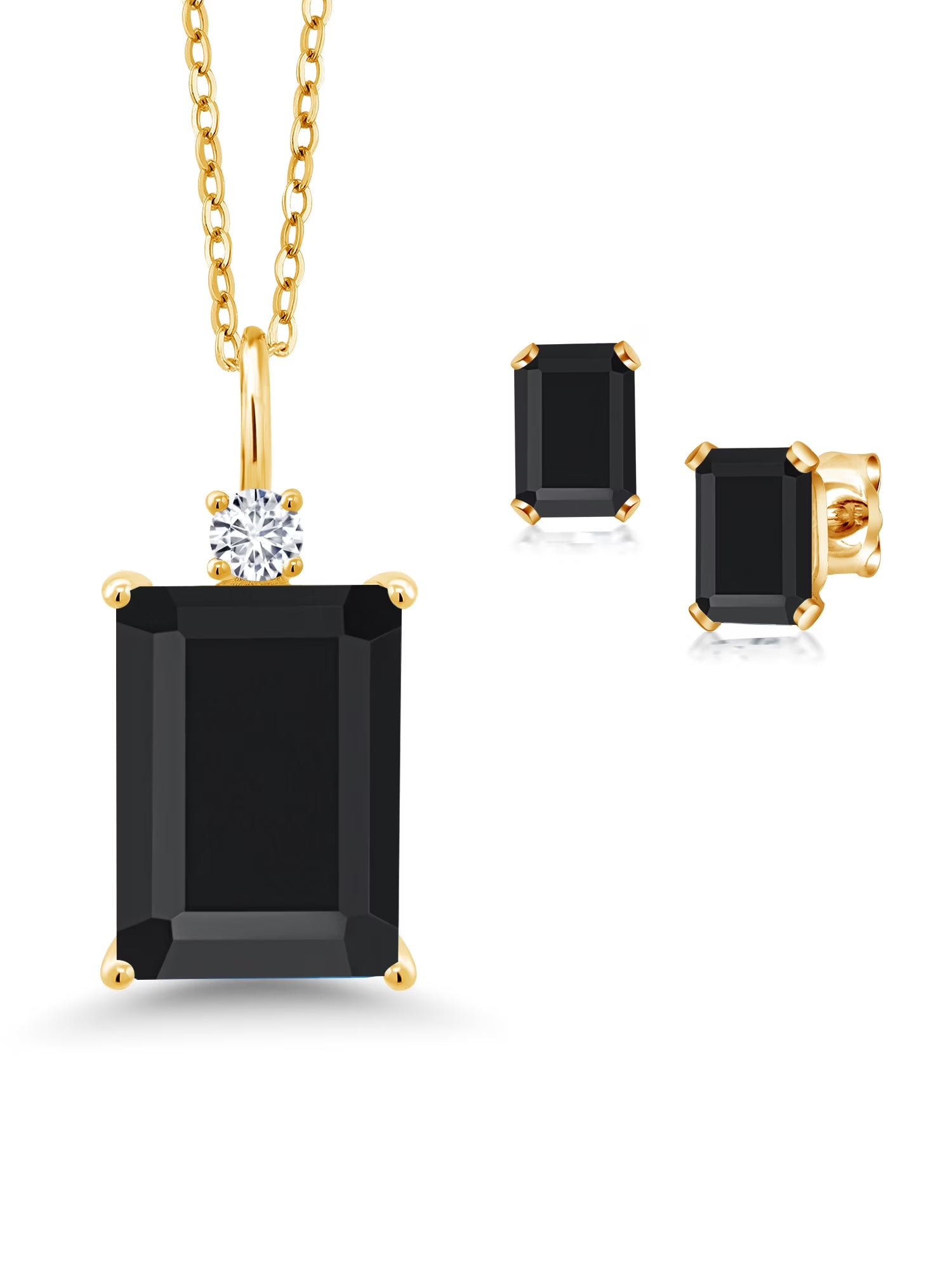 18K Yellow Gold Plated Black Onyx White Lab Grown Diamond Pendant Necklace Earrings Set A899010