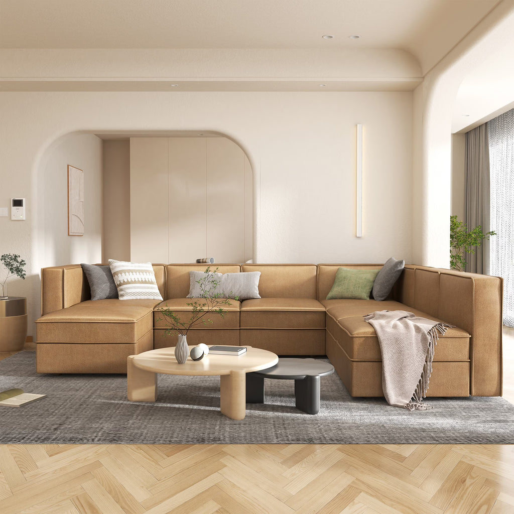 Caramel Brown U Shaped 7 Seaters Convertible Sectional Sofa Couch with Ottoman L61661