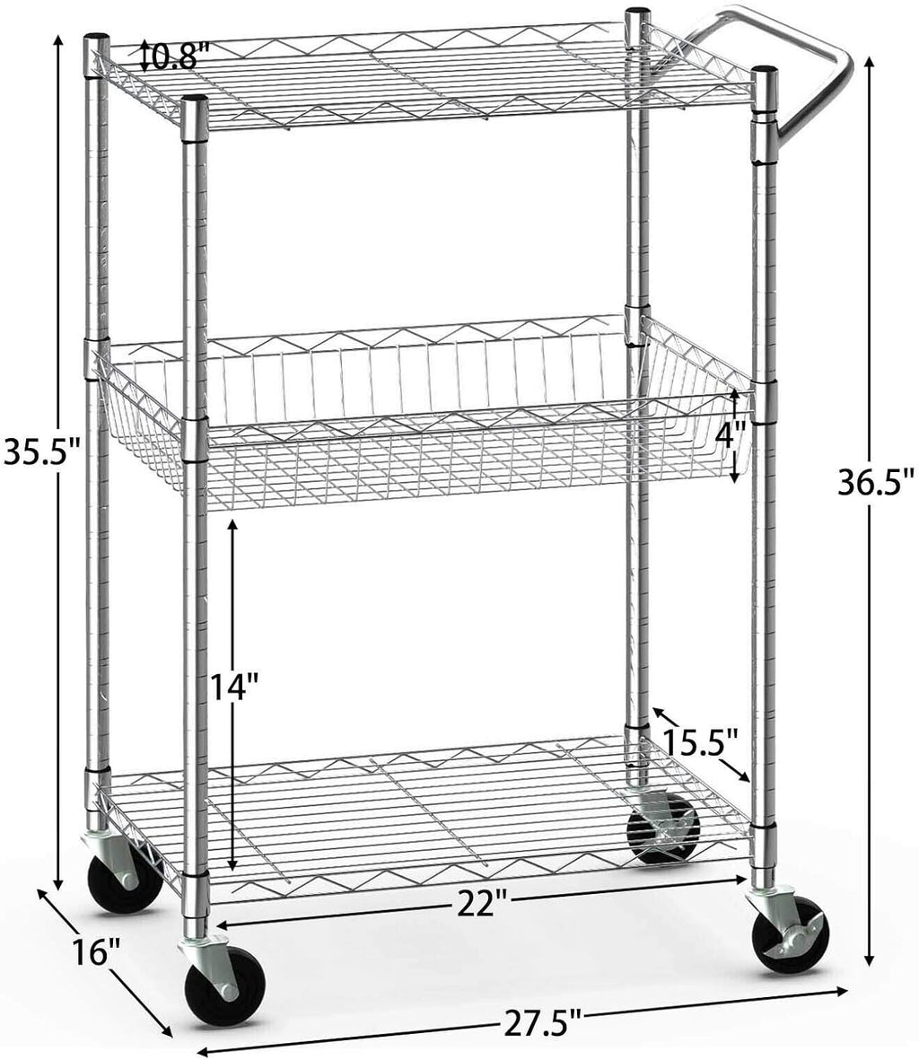 3-Tier Silver Steel Rolling Kitchen Trolley Cart with Storage Shelves O963215
