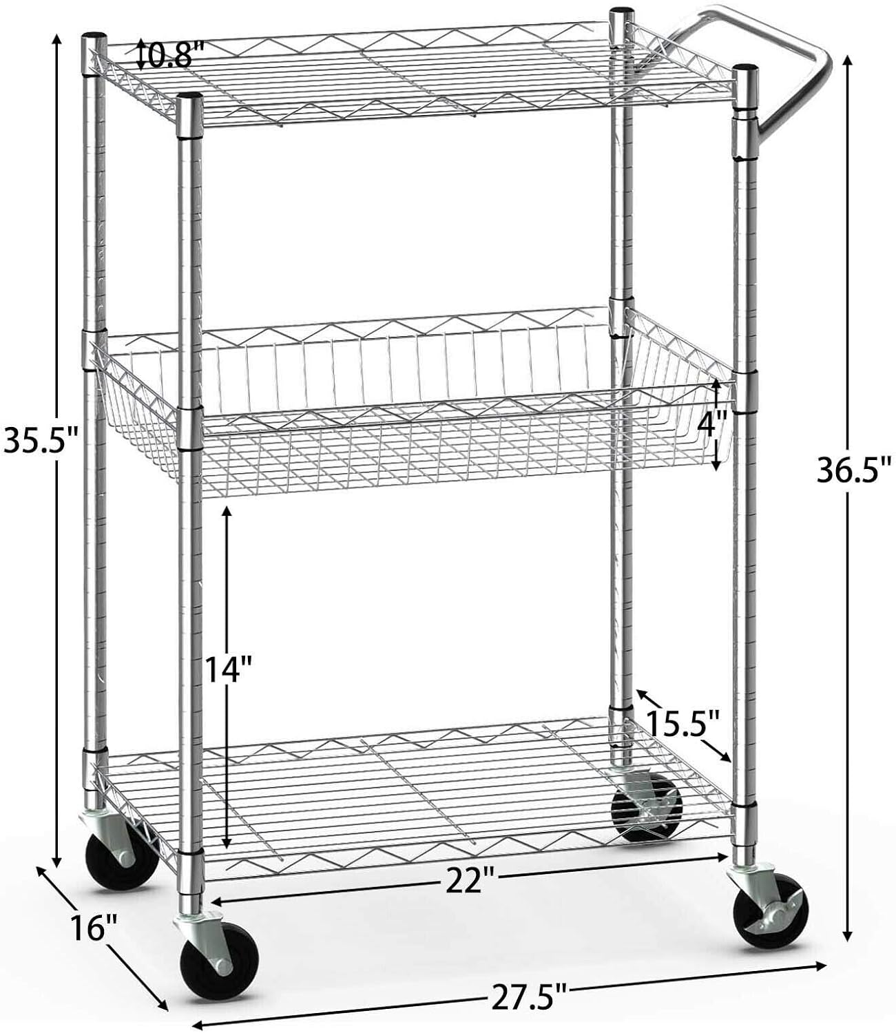 3-Tier Silver Steel Rolling Kitchen Trolley Cart with Storage Shelves O963215