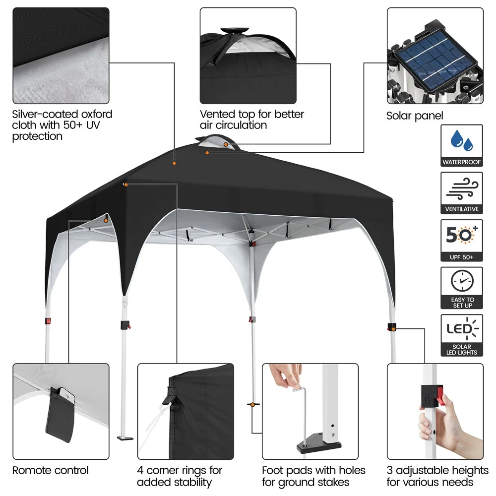 Black 10×10ft Canopy Tent with 17 Solar LED Lights H654467