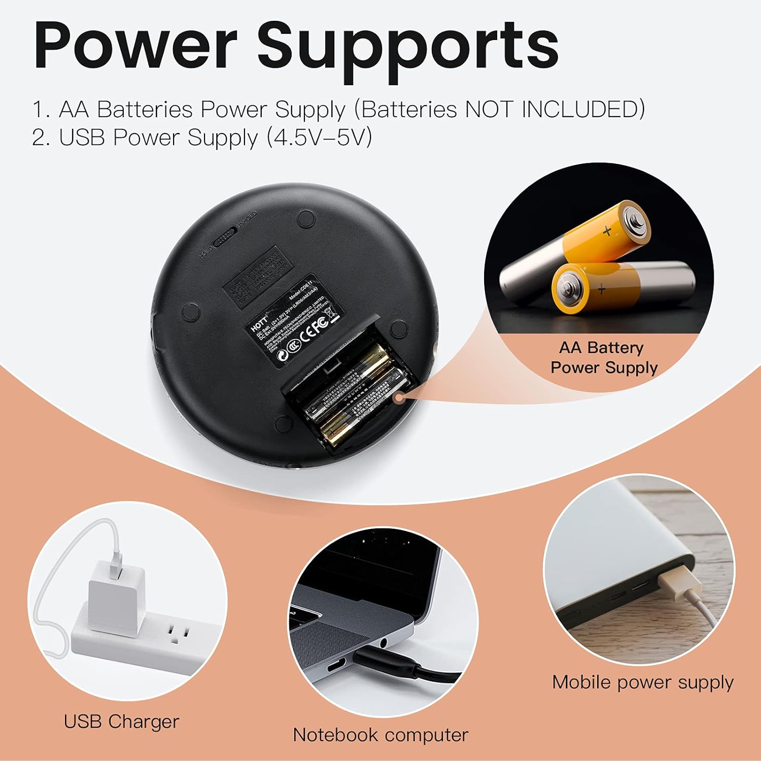 Black Portable CD Player with Headphones USB AUX Output C4363