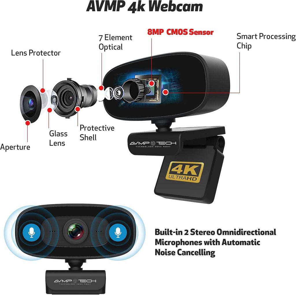 4K Webcam with Light Ultra HD 8MP Autofocus USB Web Cam with Microphone X39406