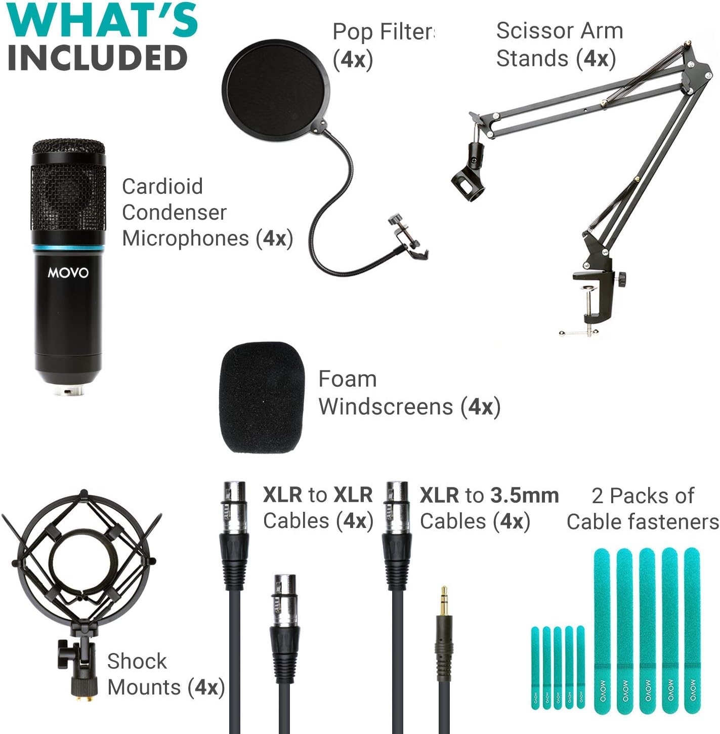 4-Pack XLR Condenser Microphone Bundle with Cardioid Mics, Desk Mount Stands, Shock Mounts, Pop Filters, and Audio Cables J2695