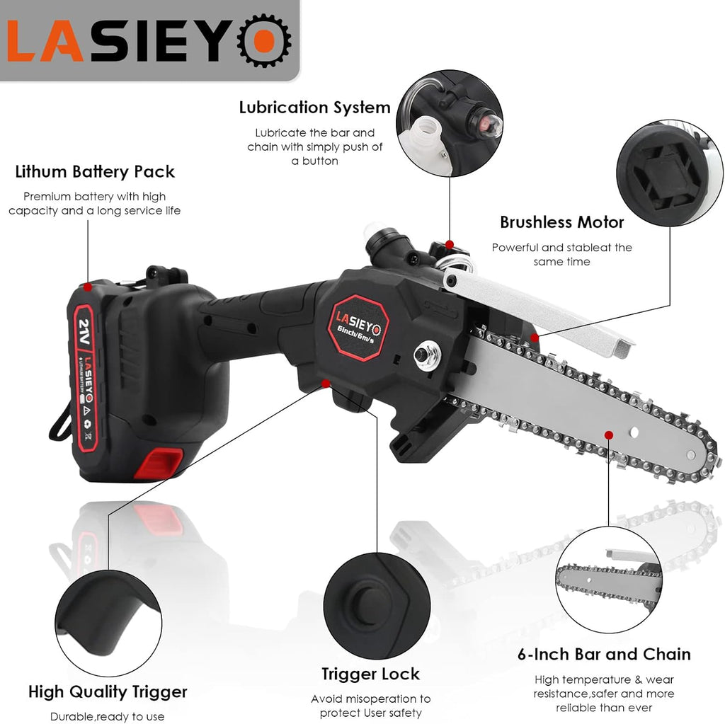 Cordless 6 Inch Brushless Mini Chainsaw with Oil System, 2Pcs 21V 2.0Ah Batteries Y41019