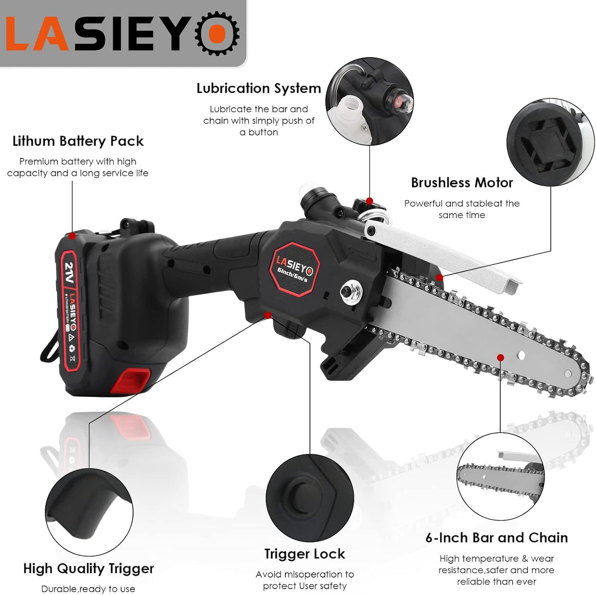 Cordless 6 Inch Brushless Mini Chainsaw with Oil System, 2Pcs 21V 2.0Ah Batteries Y41019