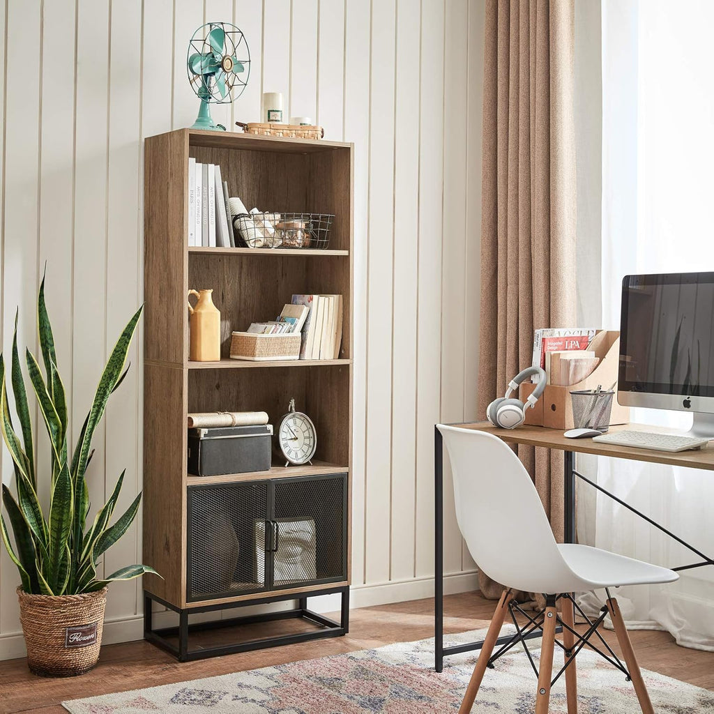 Grey 4-Tier Wood Bookcase with 4 Display Cases B626