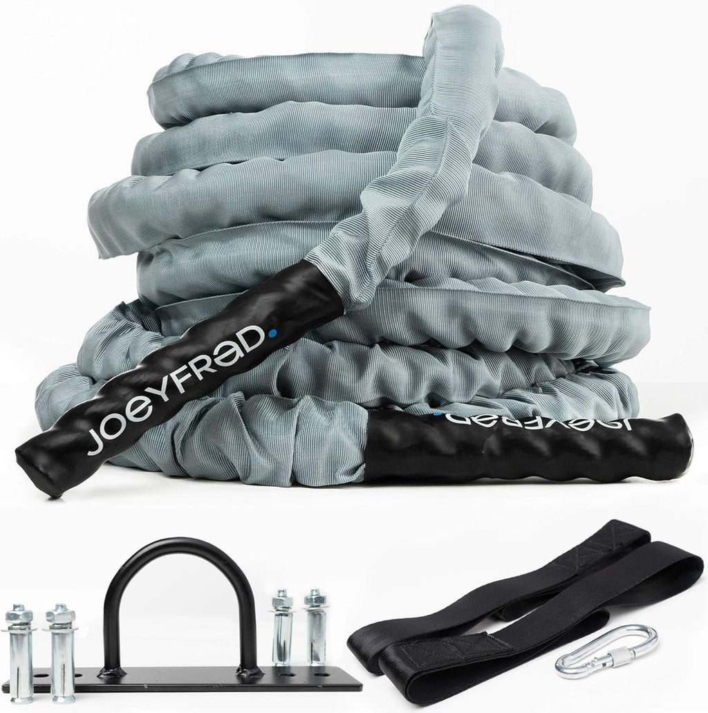 Battle Rope 30ft Length 100% Dacron Heavy Weighted Rope with Wall Anchor 2 Anchor Straps 1 Carabiner C91379