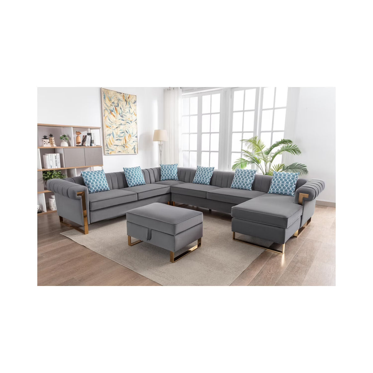 Velvet 8-Seater Sectional Sofa with Reversible Chaise and Storage Ottoman M926236
