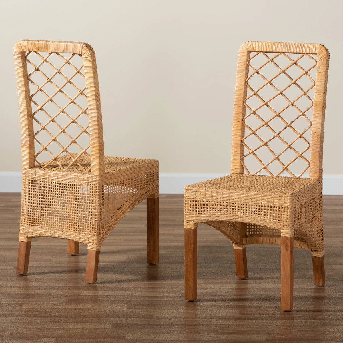 Natural Rattan and Walnut Brown 2-Piece Dining Chair Set I98569