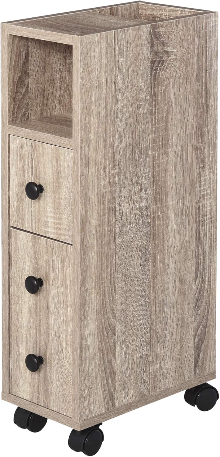 Oak Grain Freestanding Bathroom Cabinet with 2 Open Cabinets, 1 Door Cabinet, 1 Drawer and 4 Rolling Wheels W9087
