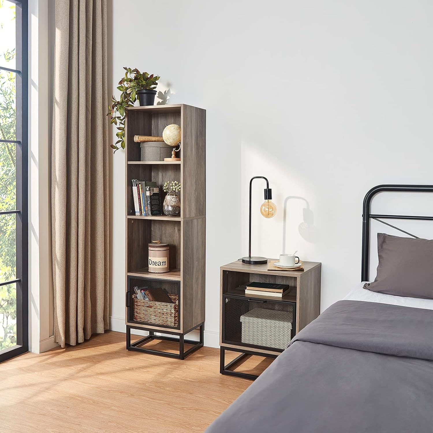 Grey 4-Tier Wood Bookcase with 4 Display Cases B626