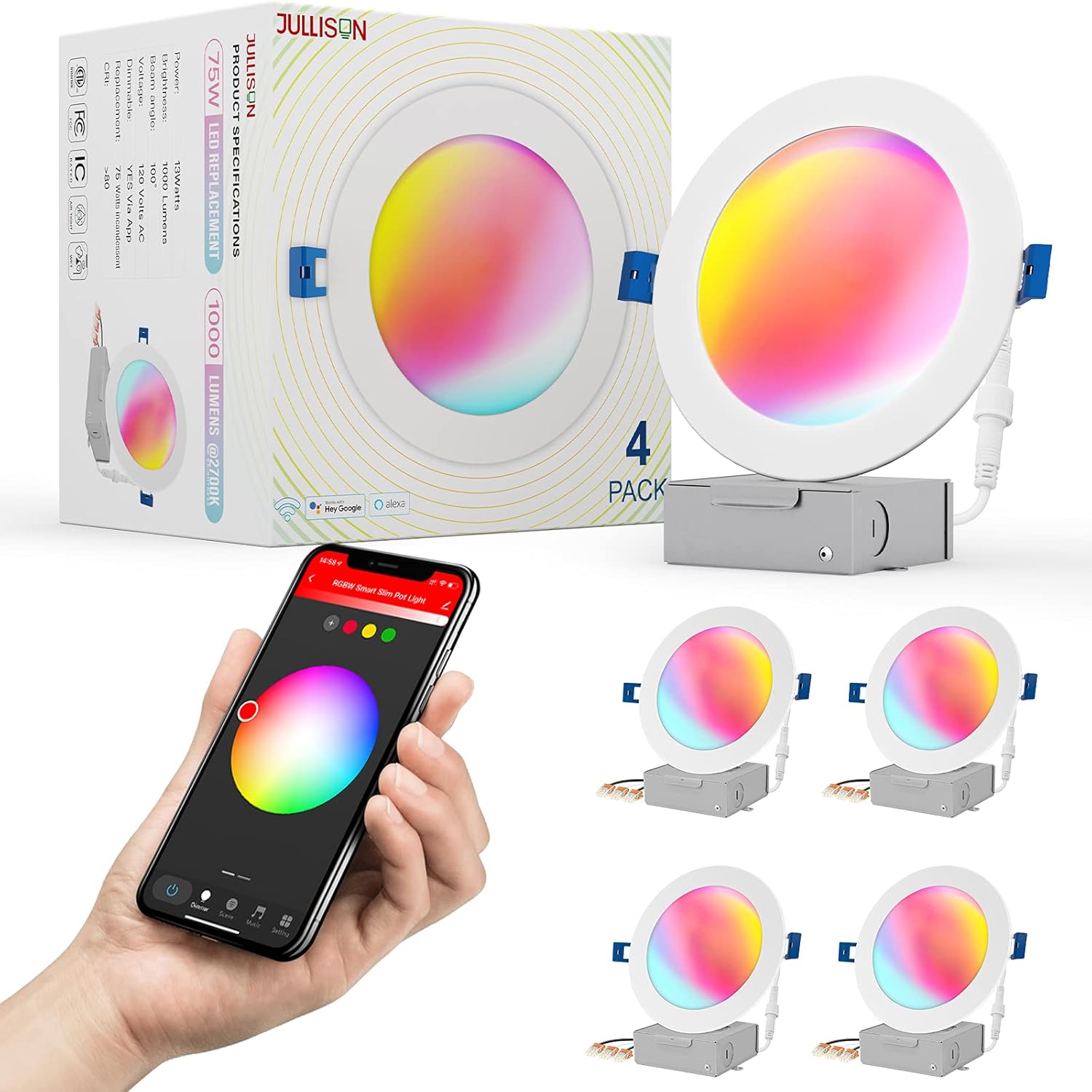 4 Packs Smart Slim Recessed Pot Light, RGB + 2700K-6000K, White F791049
