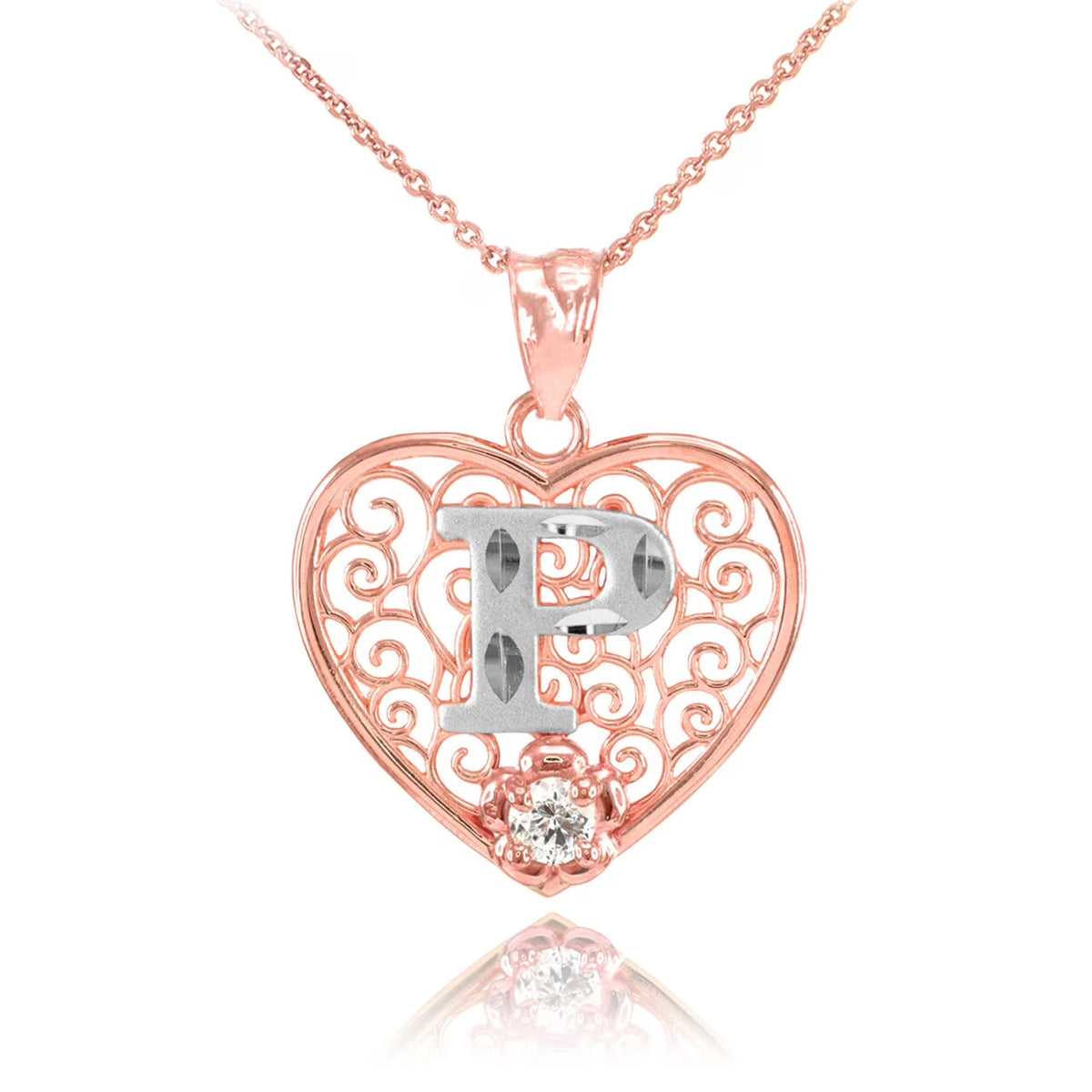 Rose Gold Filigree Heart Initial CZ Pendant Necklace N163