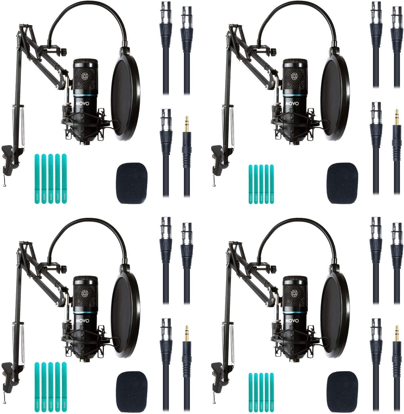 4-Pack XLR Condenser Microphone Bundle with Cardioid Mics, Desk Mount Stands, Shock Mounts, Pop Filters, and Audio Cables J2695
