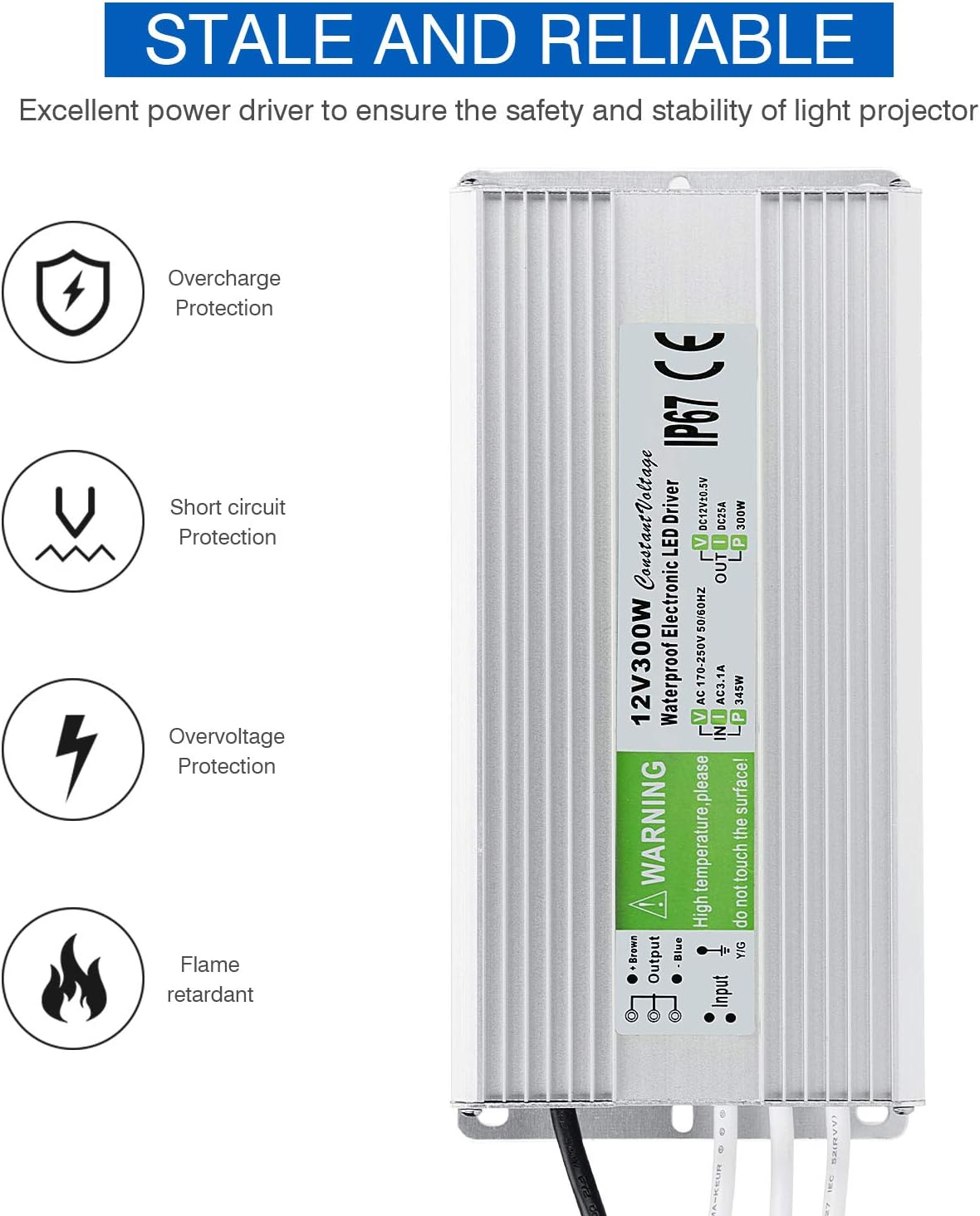 LEDMO IP67 Power Supply 300 Watts DC12V 25A AC/DC Driver Transformer Adapter Low Voltage Output with 3-Prong Plug 3.3 Feet Cable Pack of 2 R314253