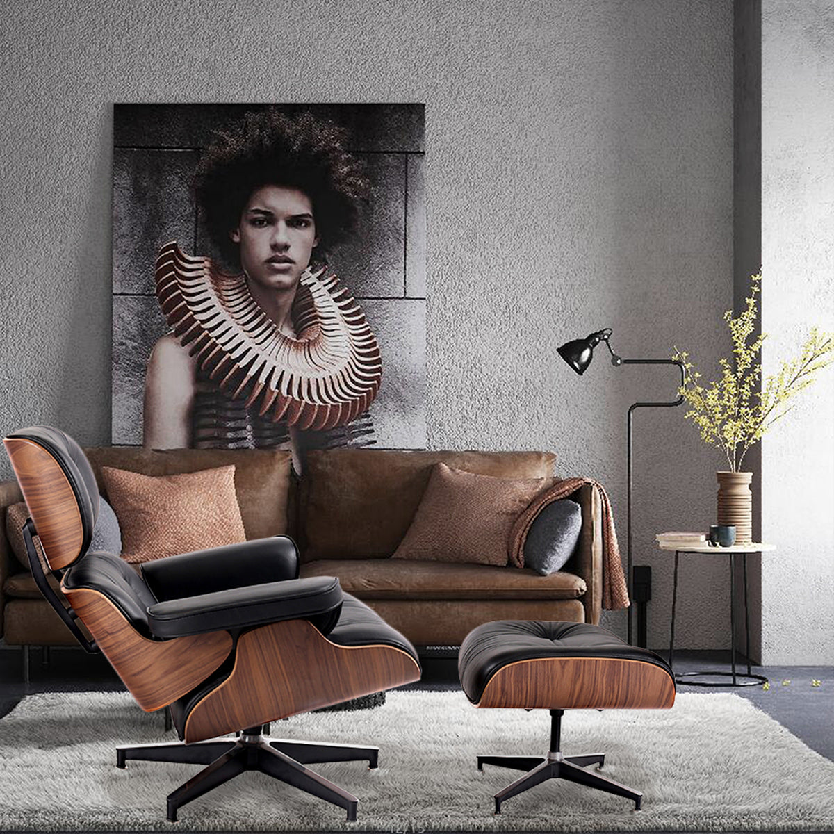 Black Tufted Leather Swivel Lounge Chair with Ottoman A788