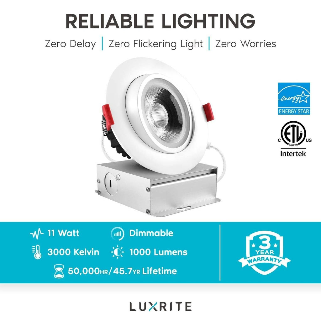 4 inch LED Gimbal Recessed Light with Junction Box, 11W, 5000K Bright White, 1000 Lumens, Dimmable, IC Rated L253474