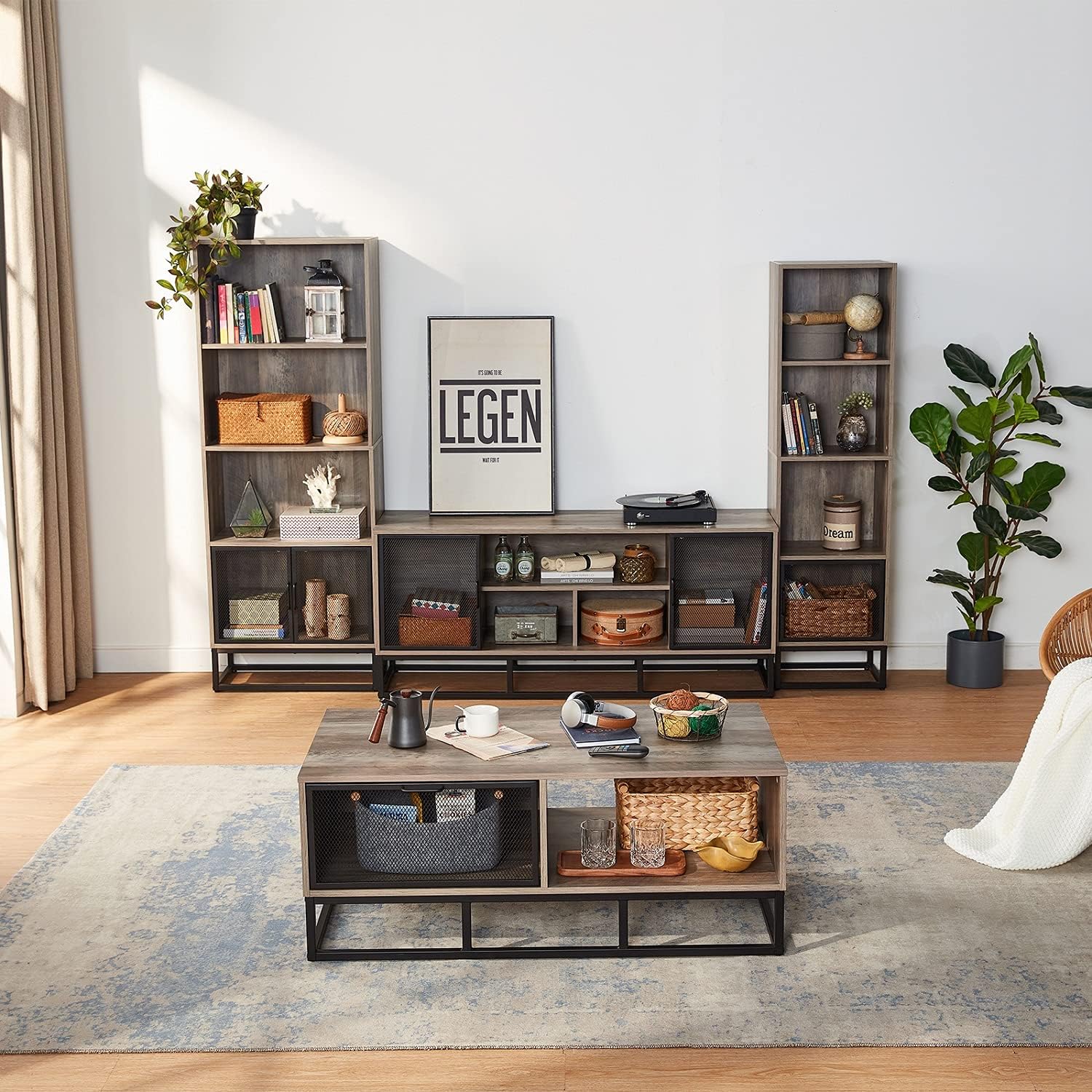 Grey 4-Tier Wood Bookcase with 4 Display Cases B626
