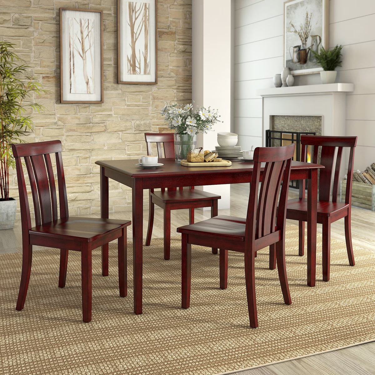 5-Piece Wood Dining Set with 4 Slat Back Chairs D490