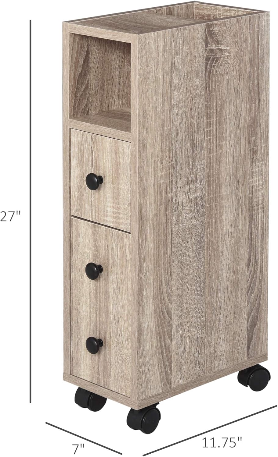 Oak Grain Freestanding Bathroom Cabinet with 2 Open Cabinets, 1 Door Cabinet, 1 Drawer and 4 Rolling Wheels W9087
