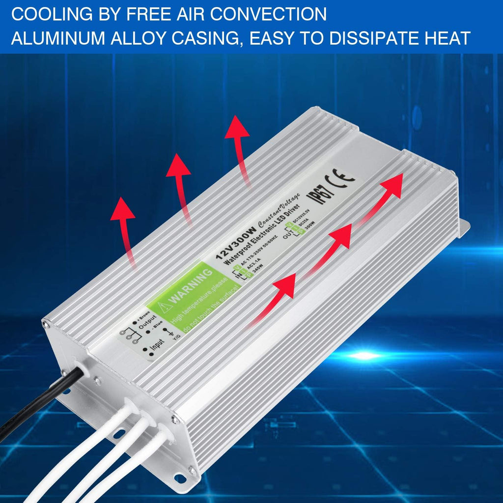 LEDMO IP67 Power Supply 300 Watts DC12V 25A AC/DC Driver Transformer Adapter Low Voltage Output with 3-Prong Plug 3.3 Feet Cable Pack of 2 R314253