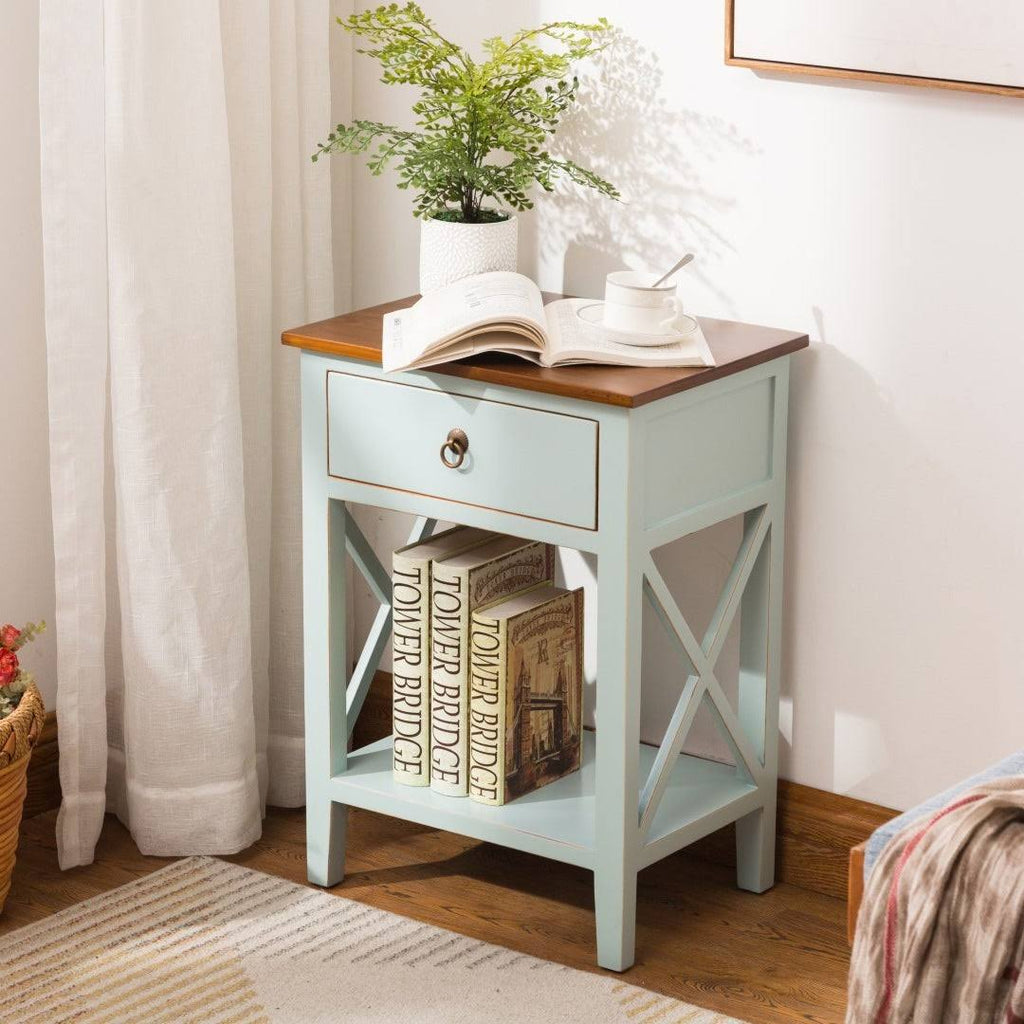 Blue Side Table Cabinet with Drawer and Shelf S9732