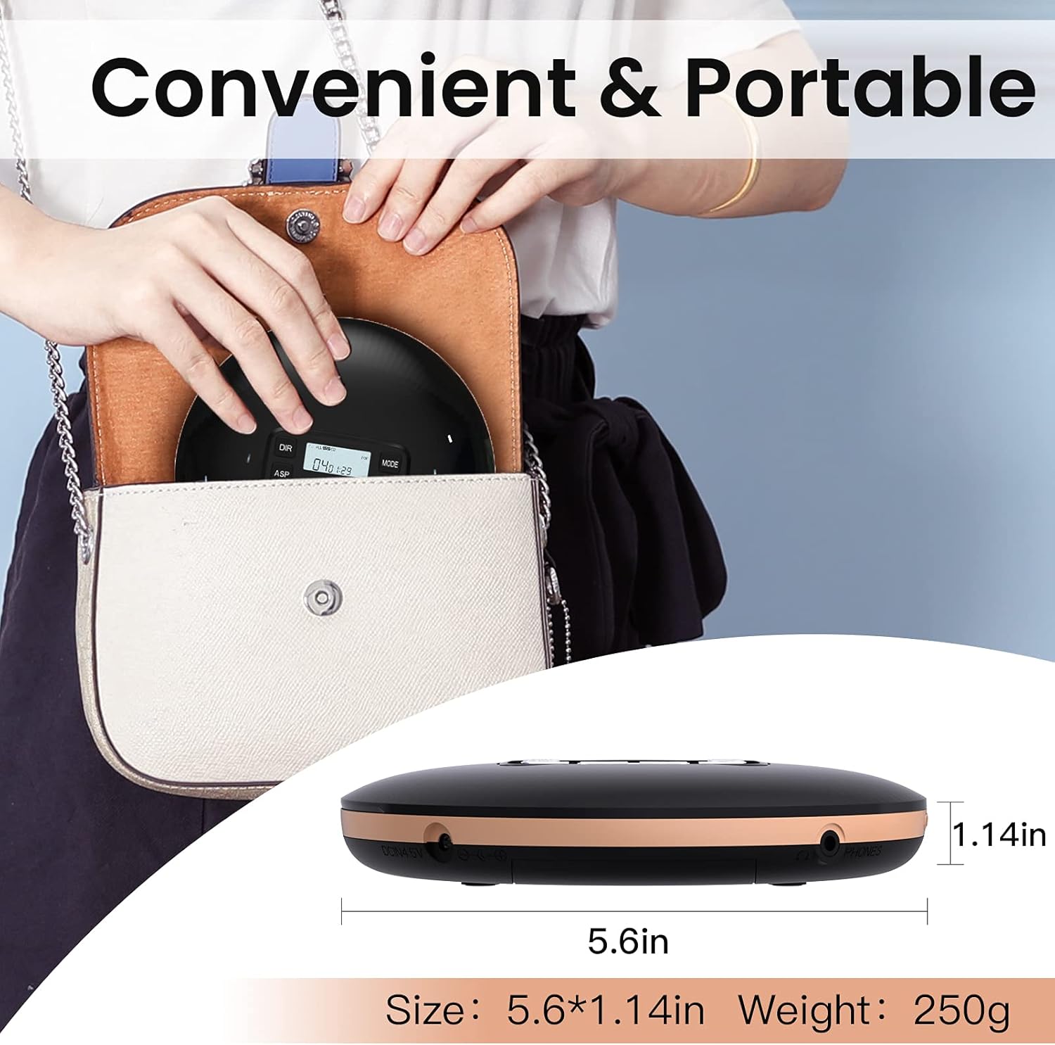 Black Portable CD Player with Headphones USB AUX Output C4363
