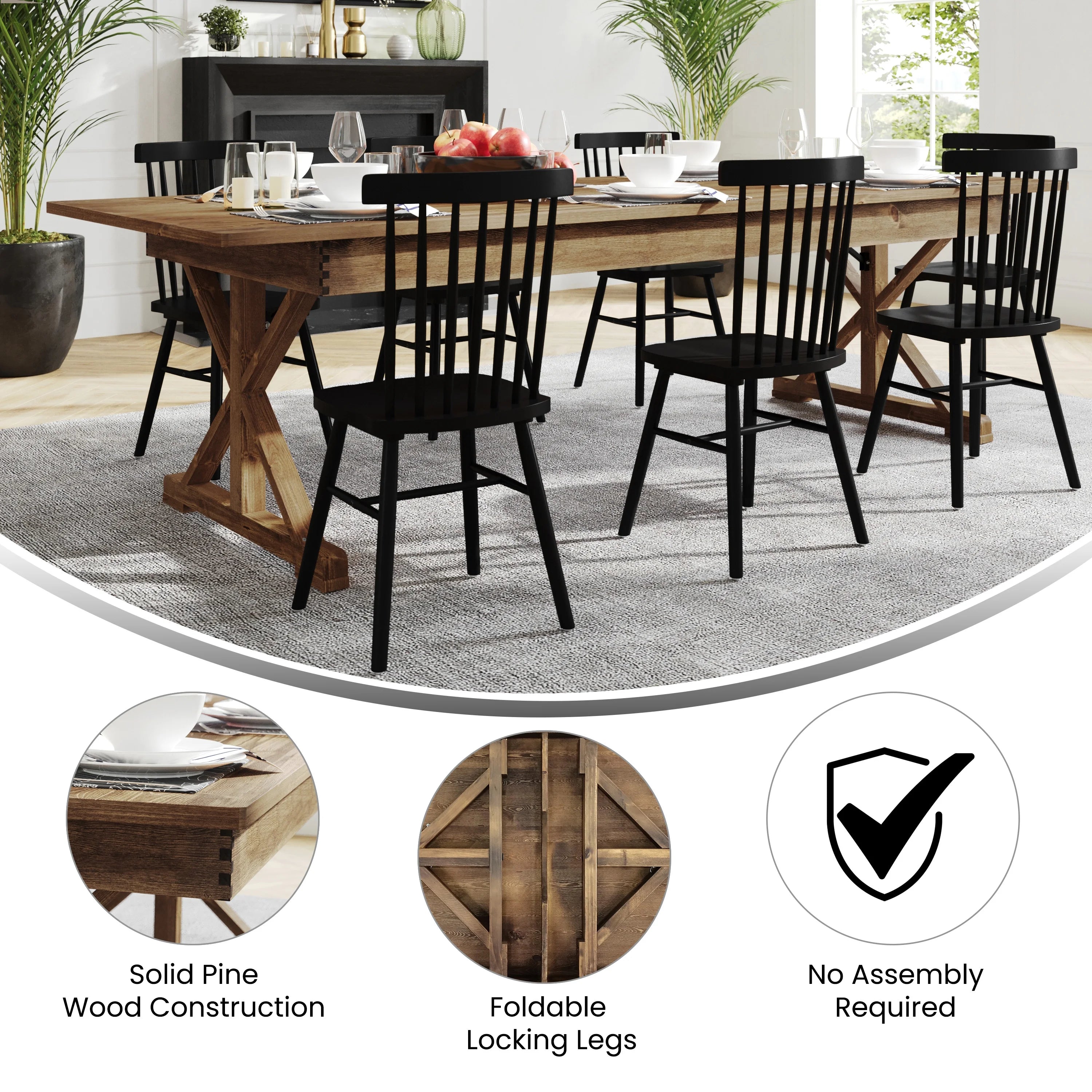 Rectangular Solid Pine Folding Farm Table with Crisscross Legs D551