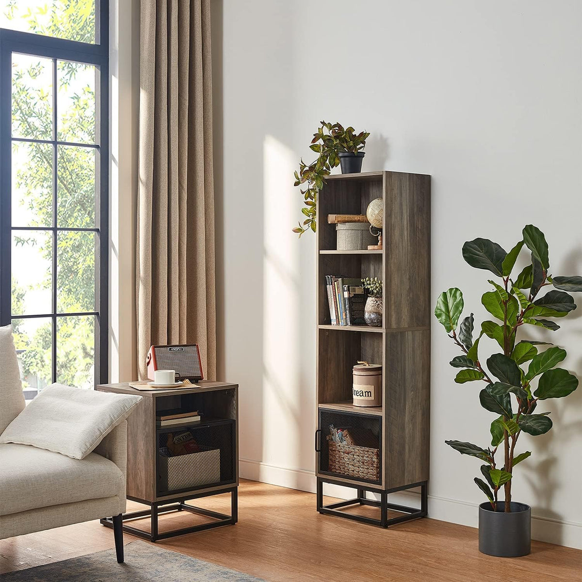 Grey 4-Tier Wood Bookcase with 4 Display Cases B626