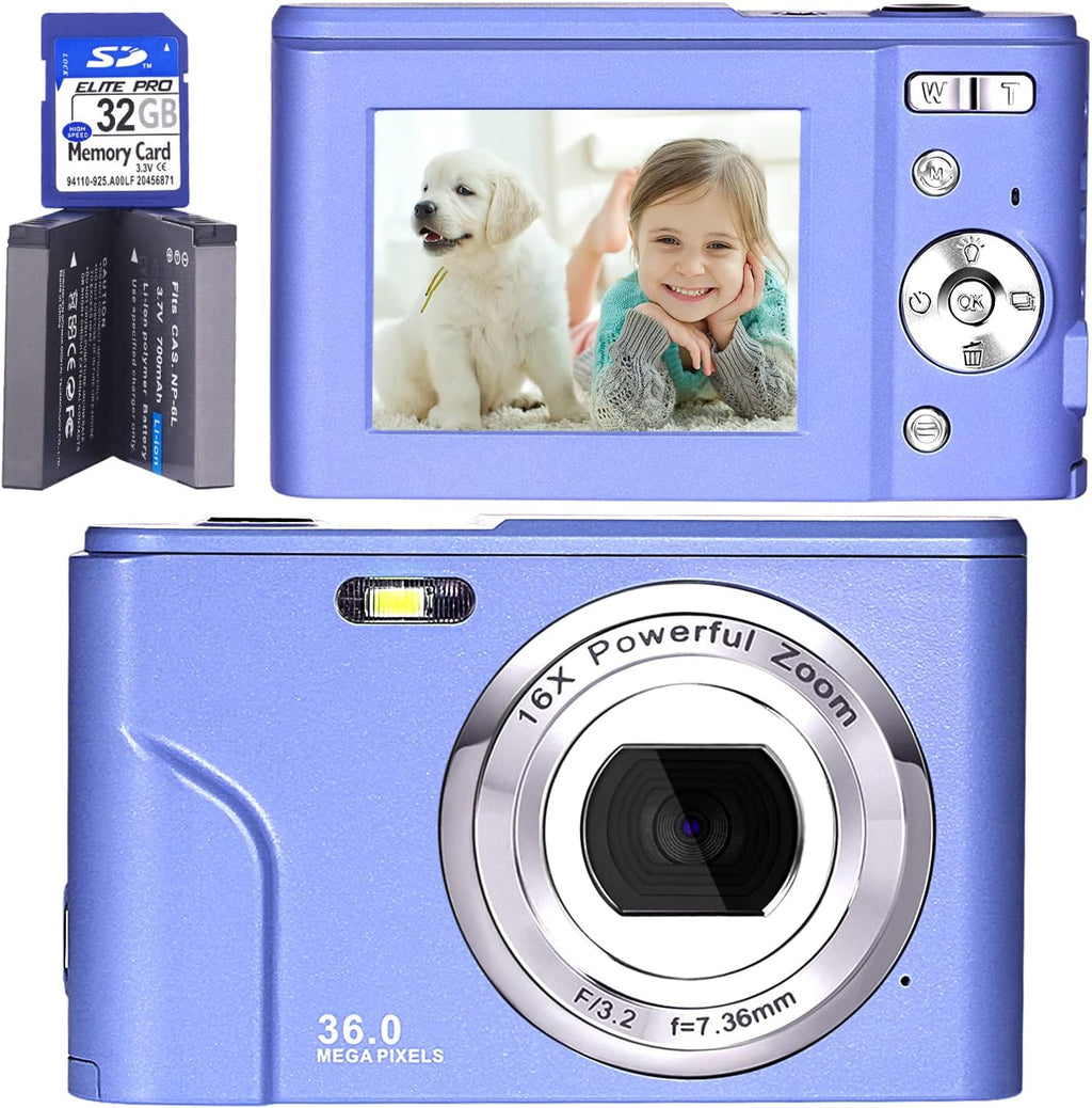 FHD 1080P 36.0 MP Kids Digital Camera with 32G SD Card, 16X Digital Zoom, Pack of 2 T7404
