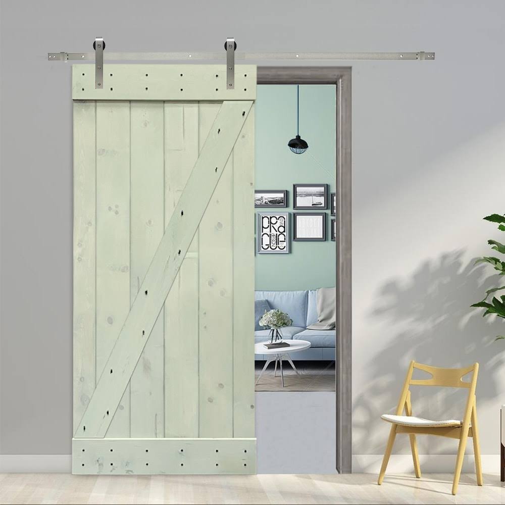 Sage Green Stained Wood Interior Sliding Barn Door with Hardware Kit J92566