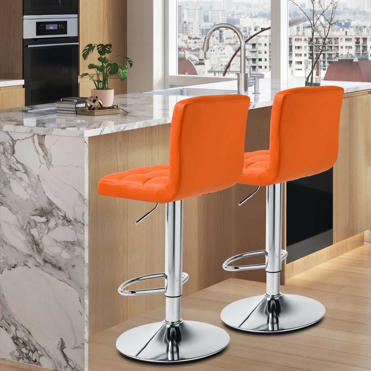 Set of 4 Adjustable Swivel Bar Stools Faux Leather, Orange S67887