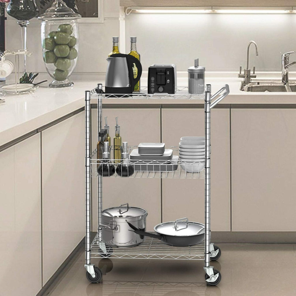 3-Tier Silver Steel Rolling Kitchen Trolley Cart with Storage Shelves O963215