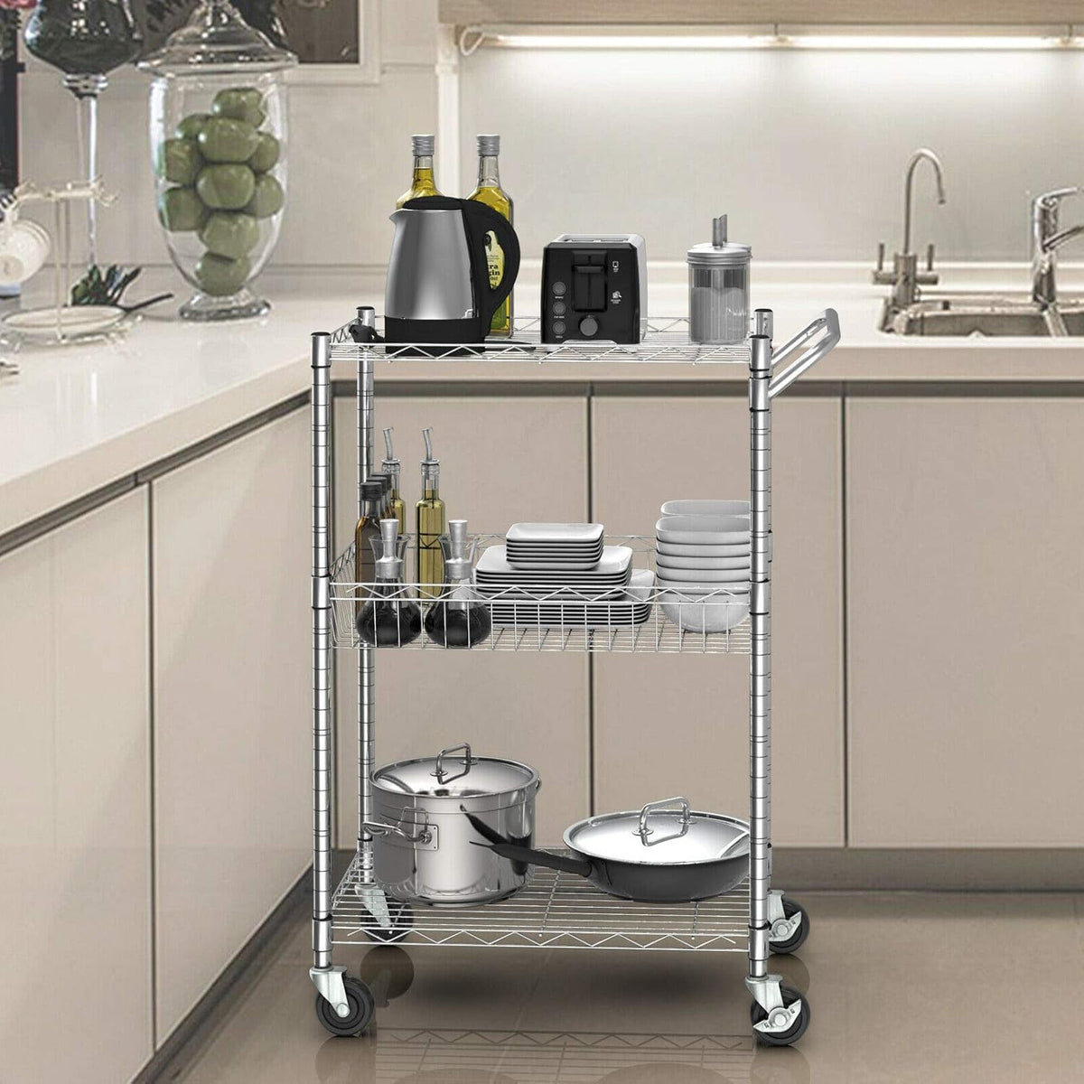 3-Tier Silver Steel Rolling Kitchen Trolley Cart with Storage Shelves O963215