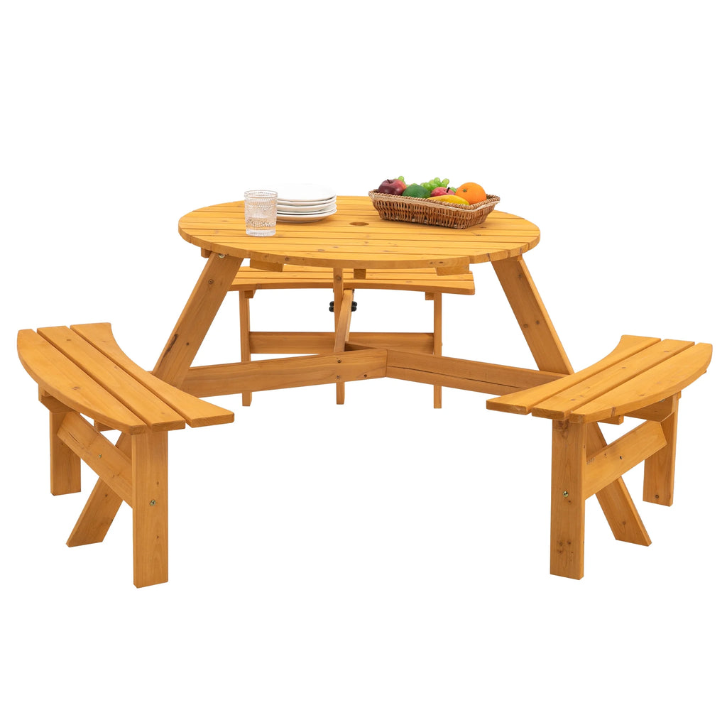 6-Person Outdoor Wooden Picnic Table with 3 Built-in Benches T4076