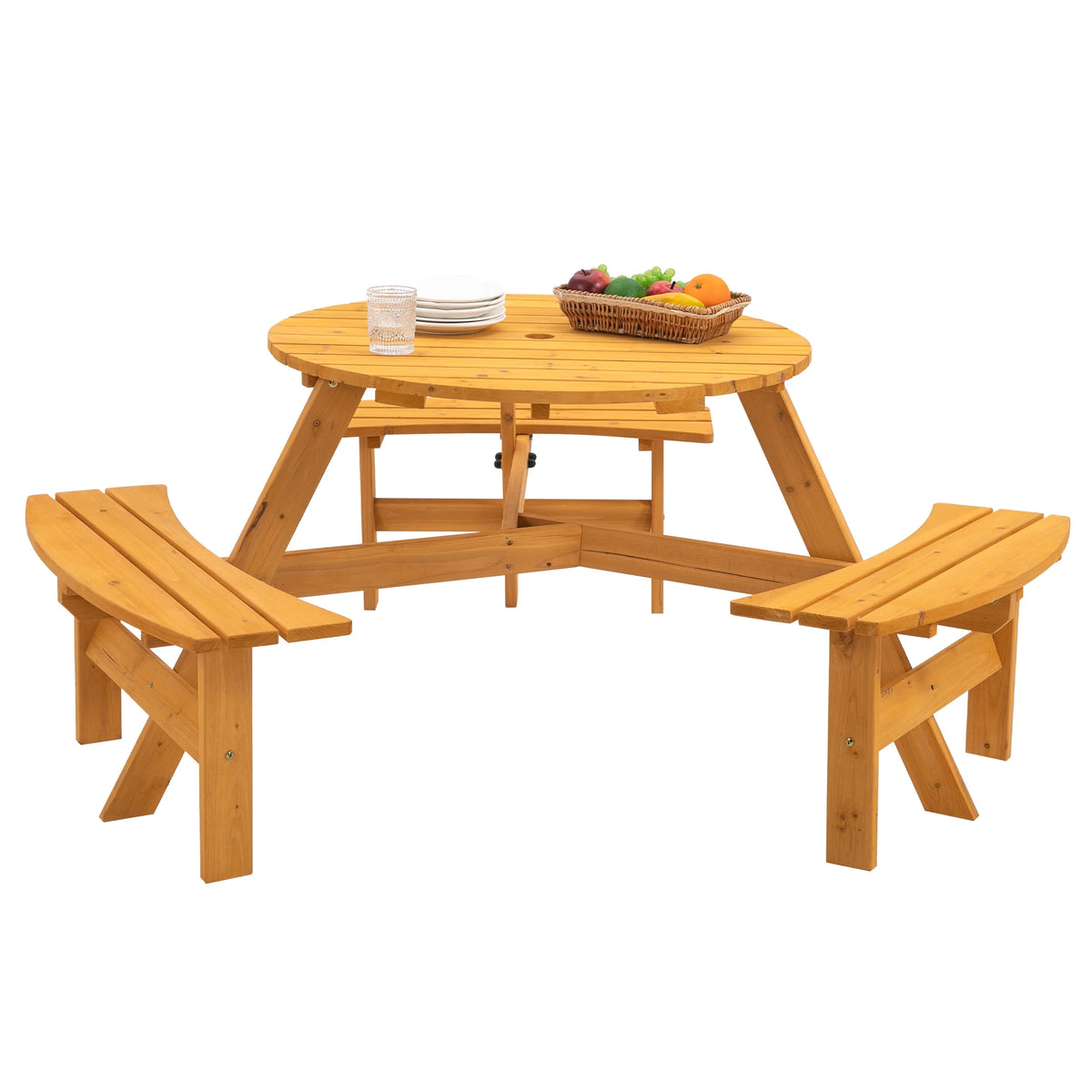6-Person Outdoor Wooden Picnic Table with 3 Built-in Benches T4076