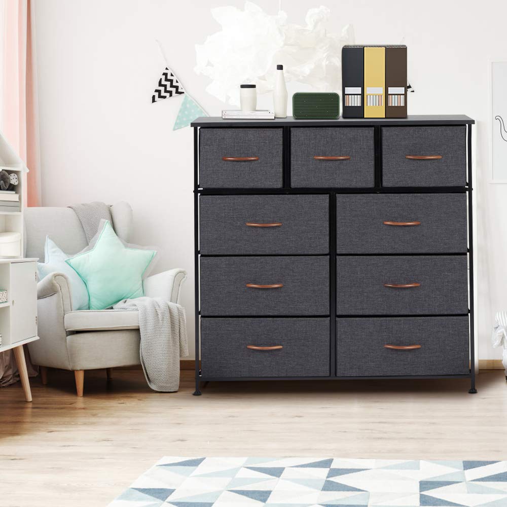 Grey 9 Drawer Fabric Dresser with Steel Frame and Wooden Top Y153
