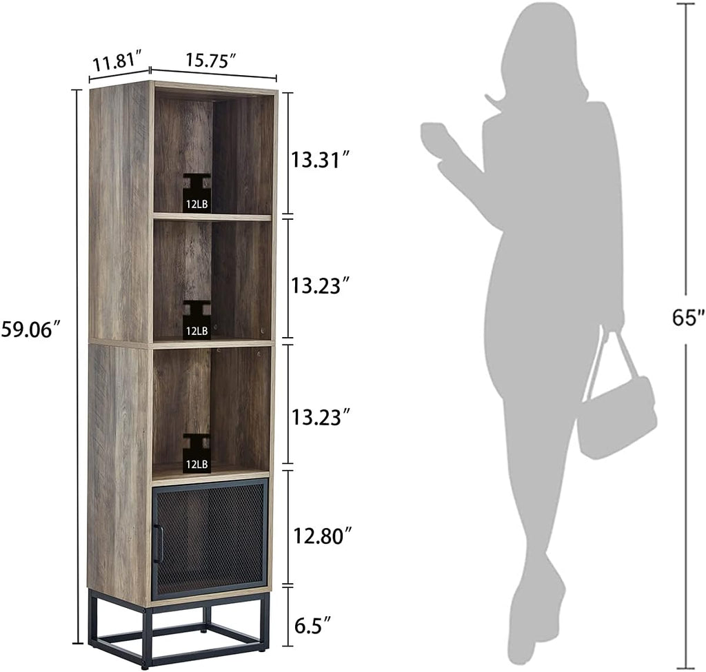 Grey 4-Tier Wood Bookcase with 4 Display Cases B626