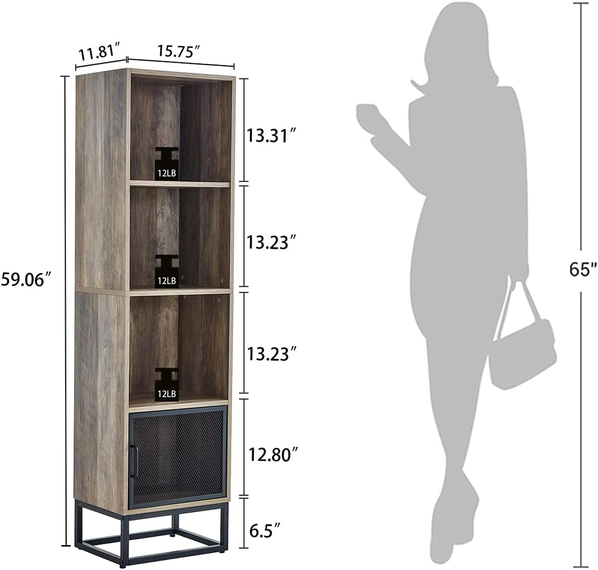 Grey 4-Tier Wood Bookcase with 4 Display Cases B626