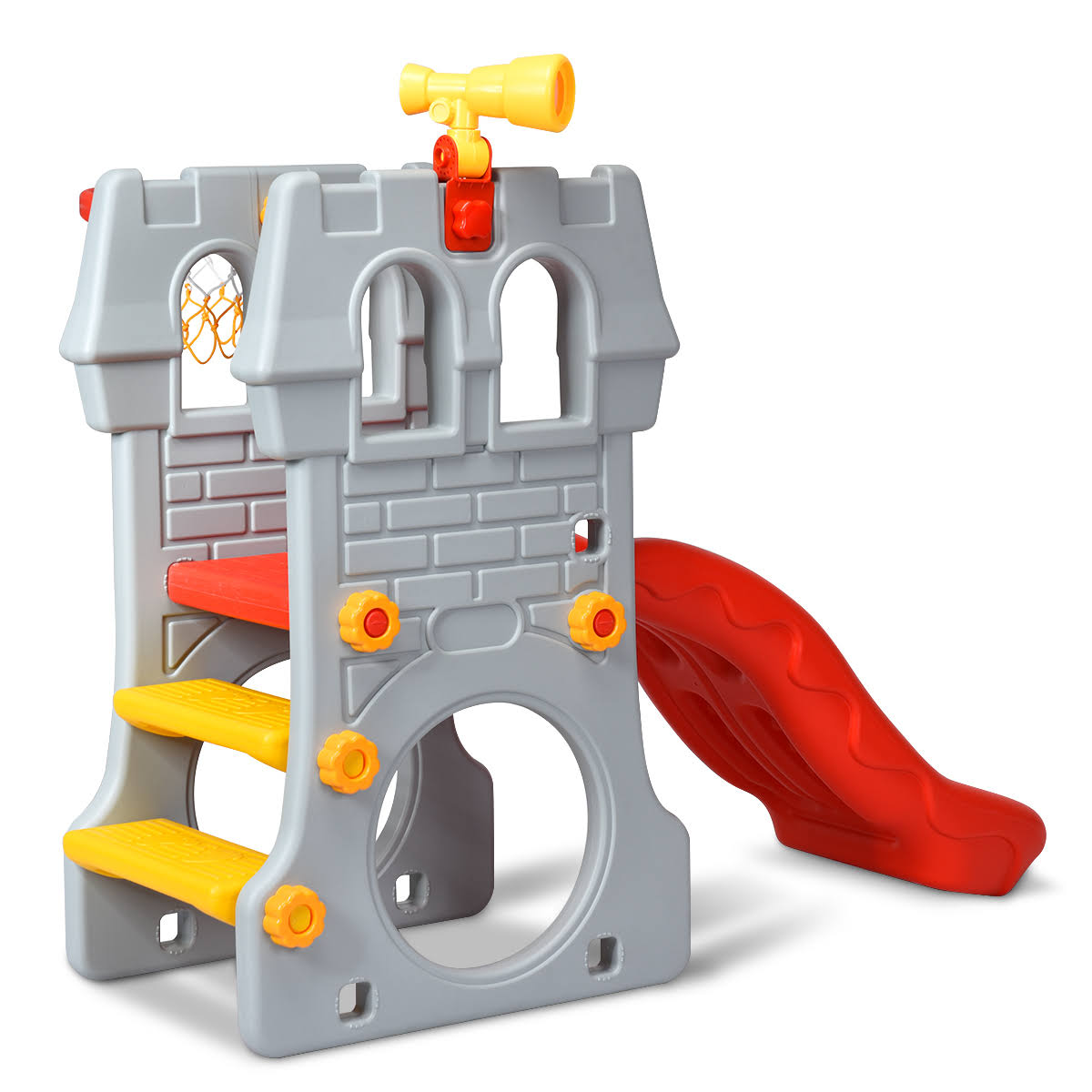 Red Gray Yellow Children Castle Slide with Basketball Hoop and Telescope R6776