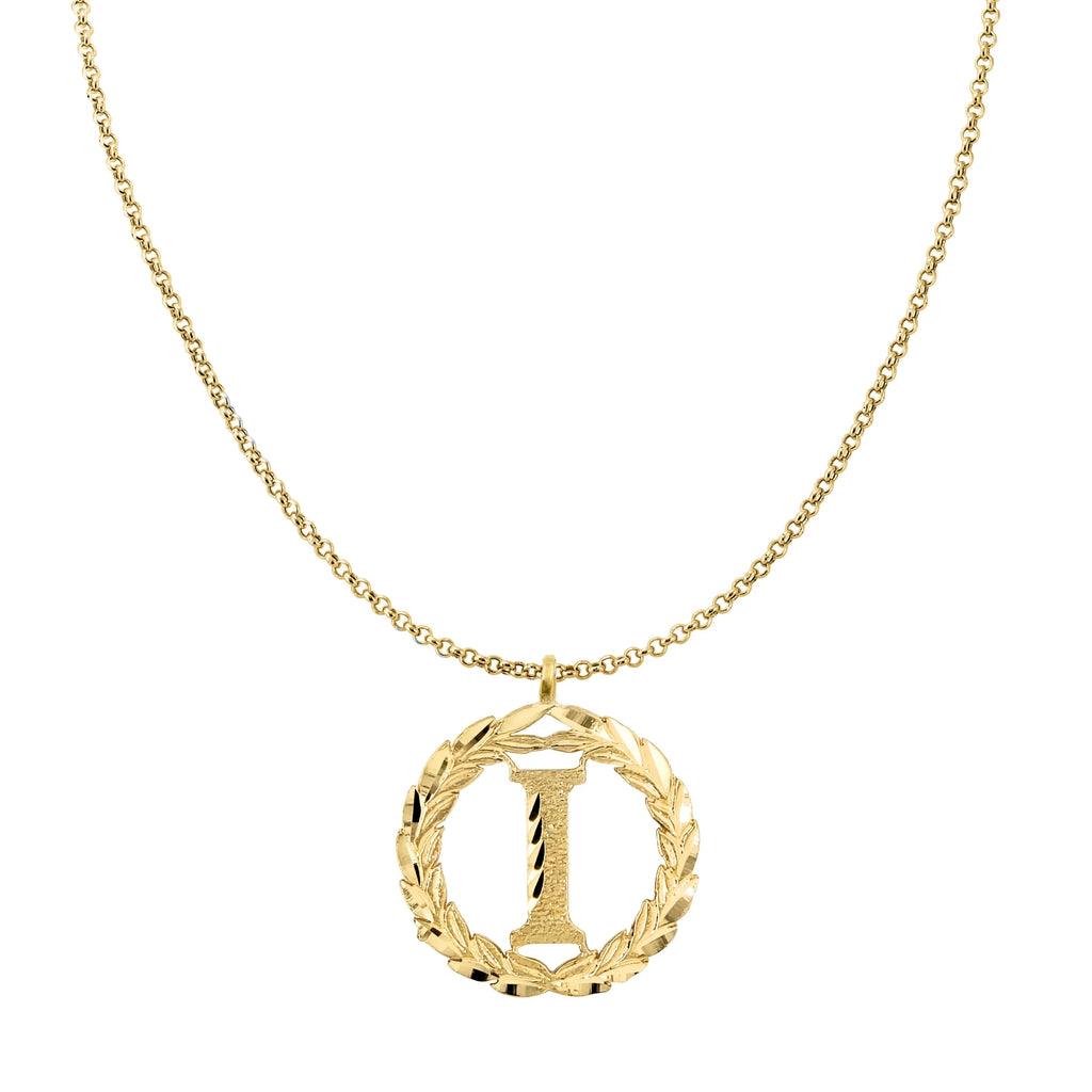 14K Yellow Gold Round Wreath Initial Letter Pendant with 22" Chain Necklace V216