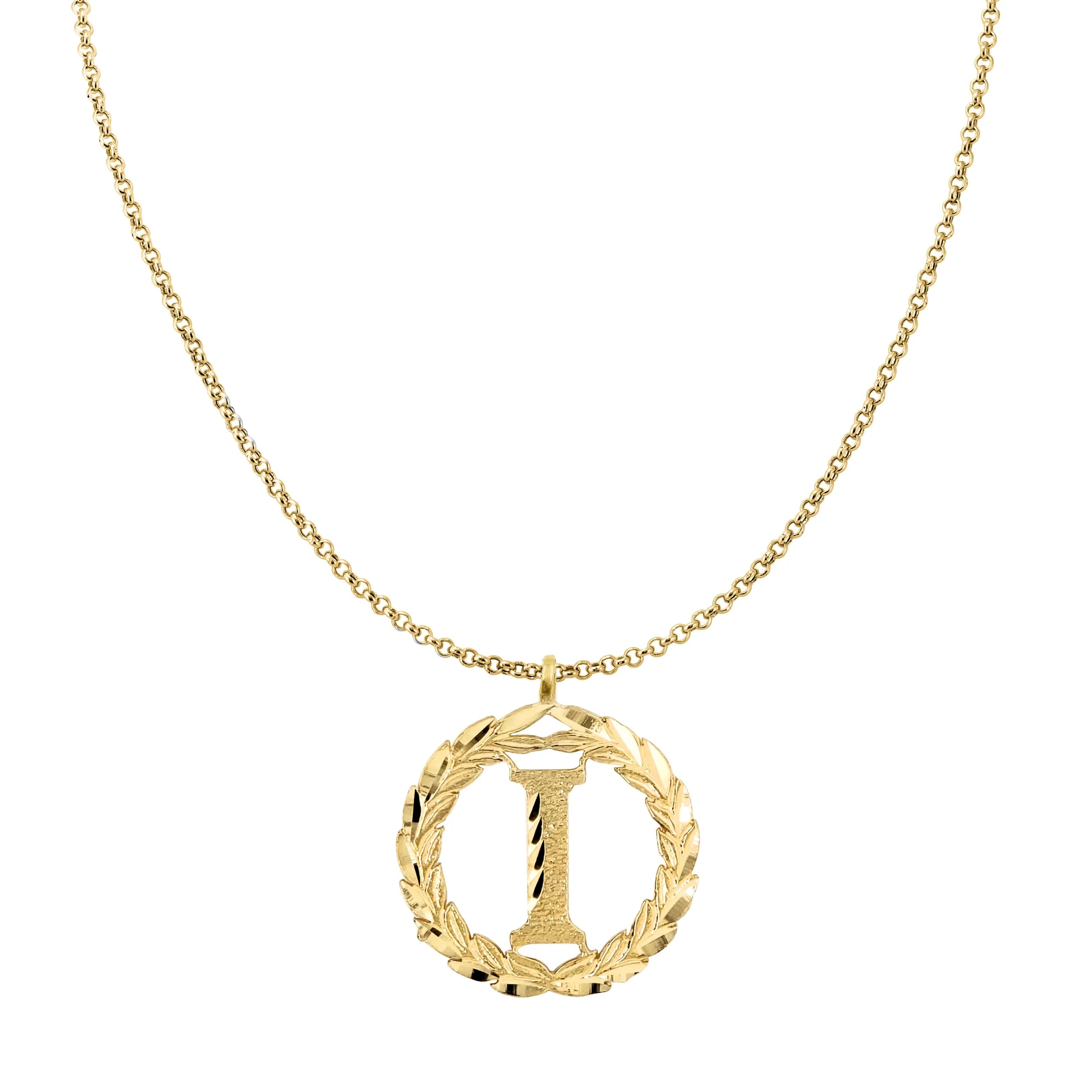 14K Yellow Gold Round Wreath Initial Letter Pendant with 22" Chain Necklace V216