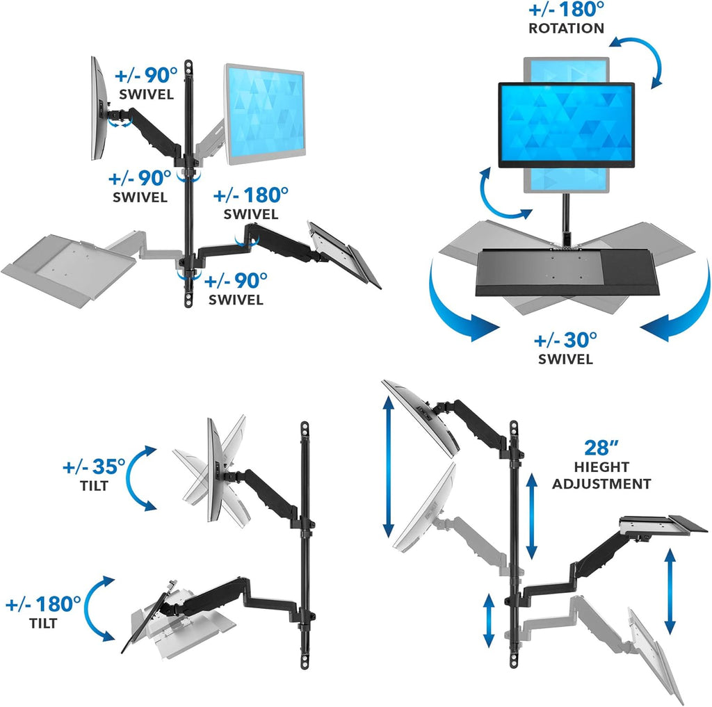 Wall Mount Workstation with Single Monitor Mount, Keyboard Tray and CPU Holder, Height Adjustable Full Motion Arms Q247