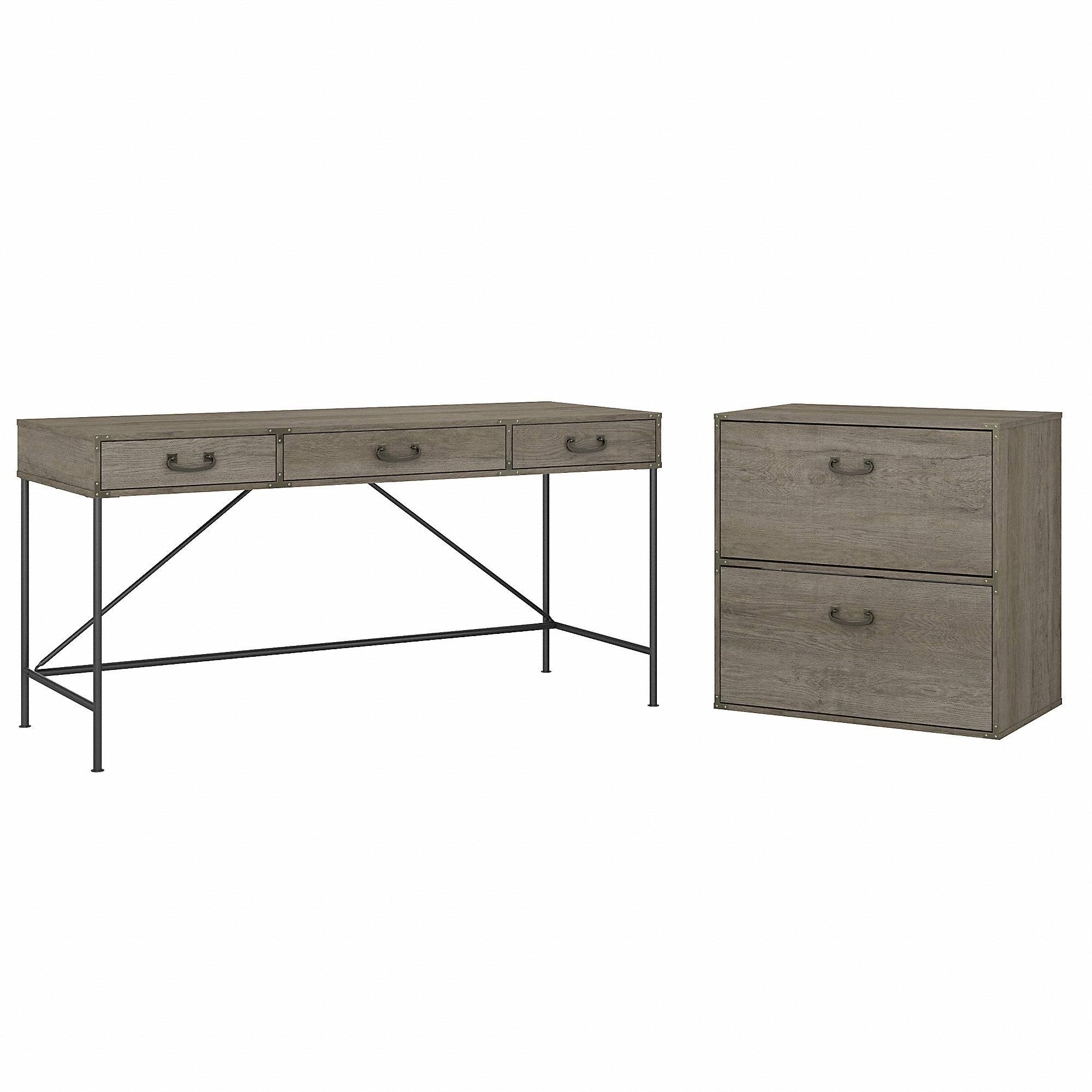 Vintage Golden Pine Writing Desk with Lateral File Cabinet V587805
