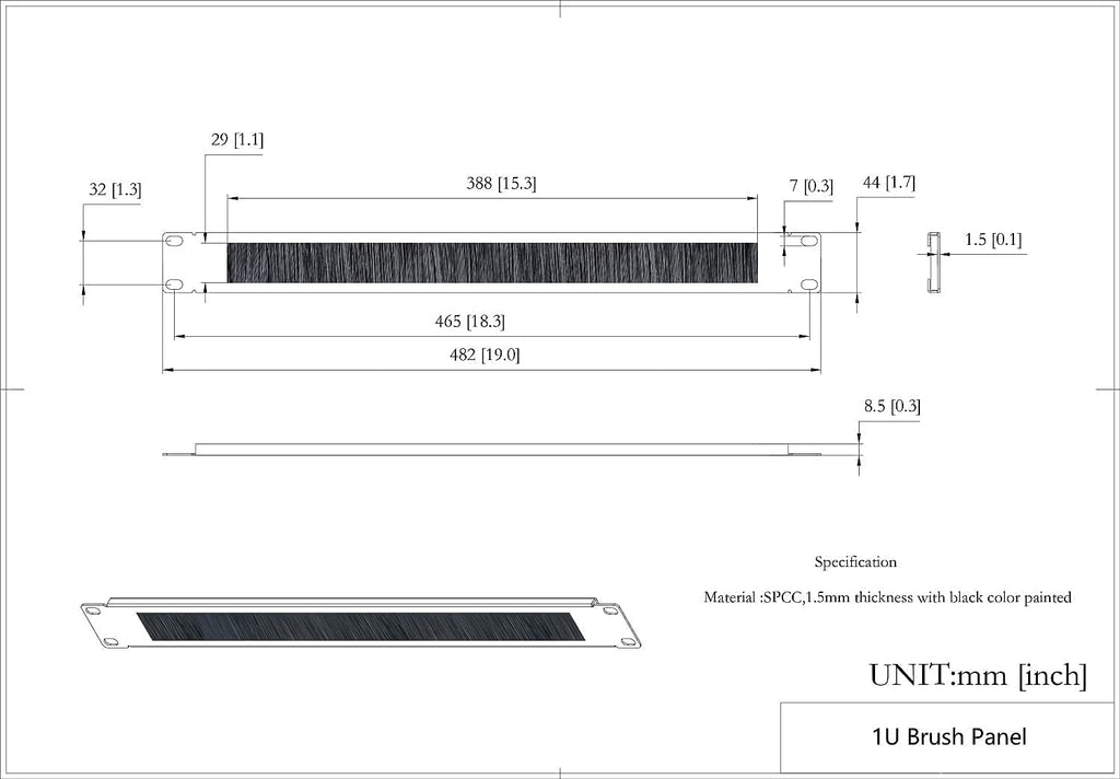 5 Pack 1U Horizontal Brush Cable Manager for 19 Inch Server Rack D1858