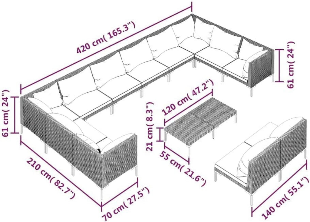 13 Piece Patio Lounge Set with Cushions Poly Rattan Dark Gray K16054