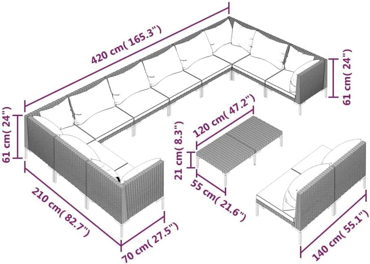 13 Piece Patio Lounge Set with Cushions Poly Rattan Dark Gray K16054