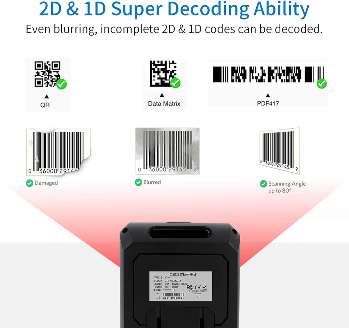 2D 1D Desktop Barcode Scanner, USB Wired, Black, Pack of 2 D26685